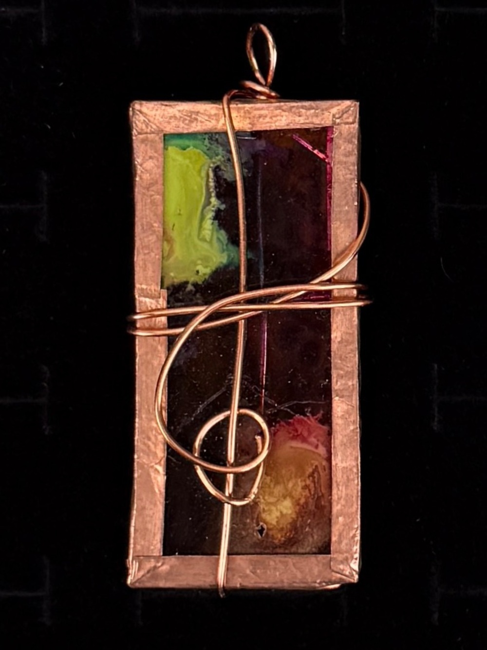 Handcrafted Copper Wrapped Stained Glass Pendant Artisan OOAK + free cord